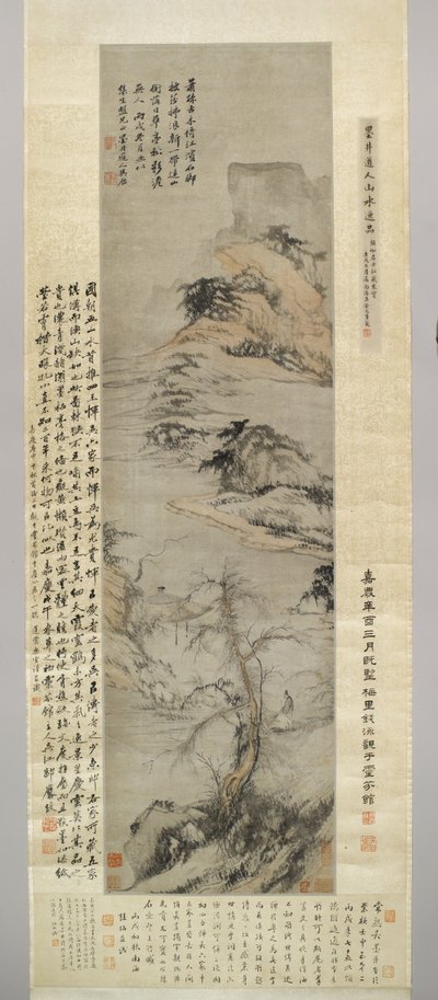 Un anciano caminando junto a un arroyo, con montañas distantes, 1706 de Wu Li